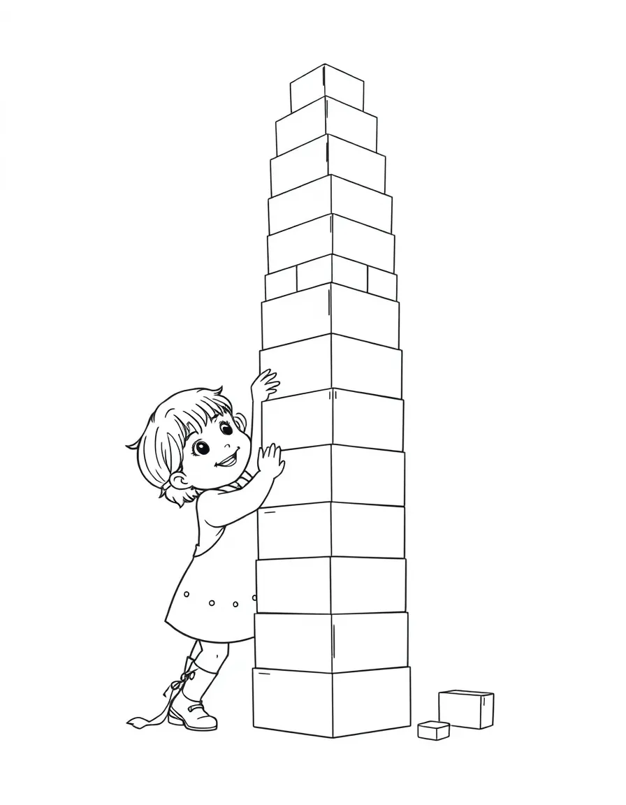 A little girl building a tall block tower.