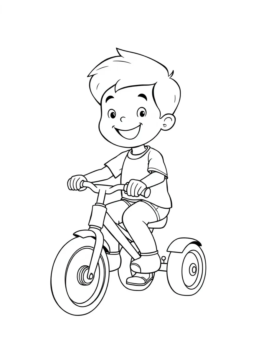 A boy riding a tricycle with a smile.