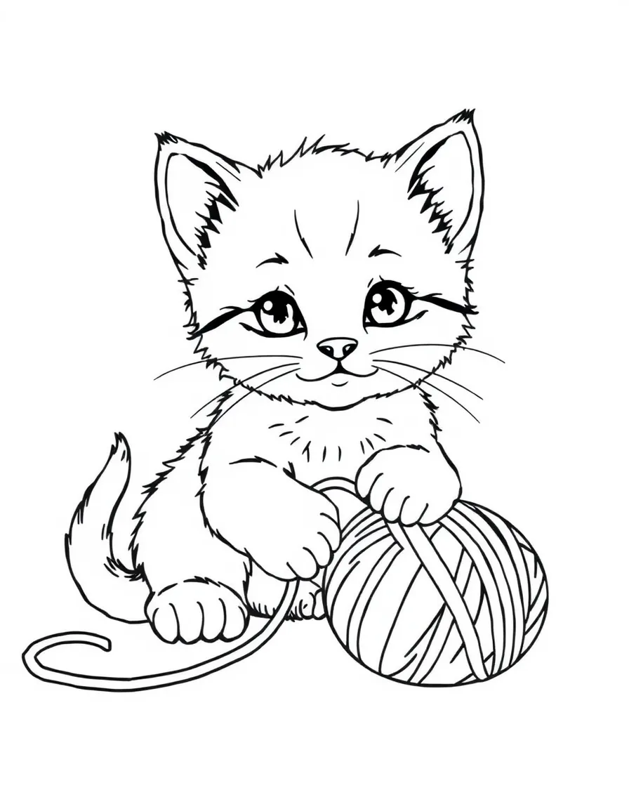 A cute kitten playing with a ball of yarn.