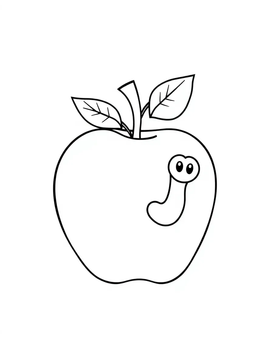 A cheerful apple with a worm peeking out.