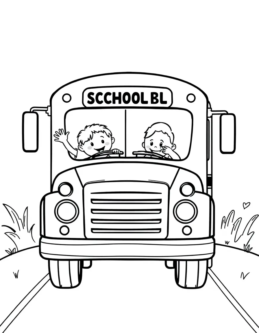 A happy school bus with children waving.