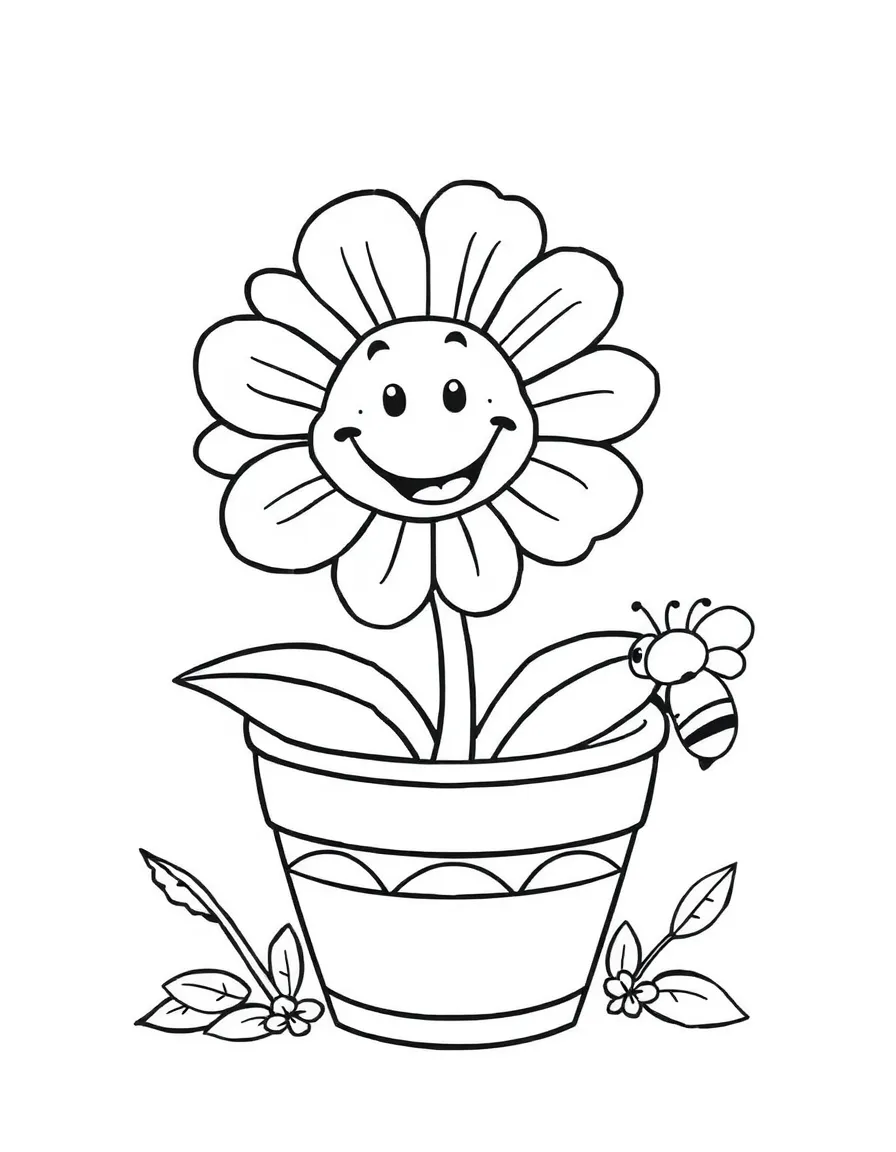 A smiling flower in a pot, with a bumblebee nearby.