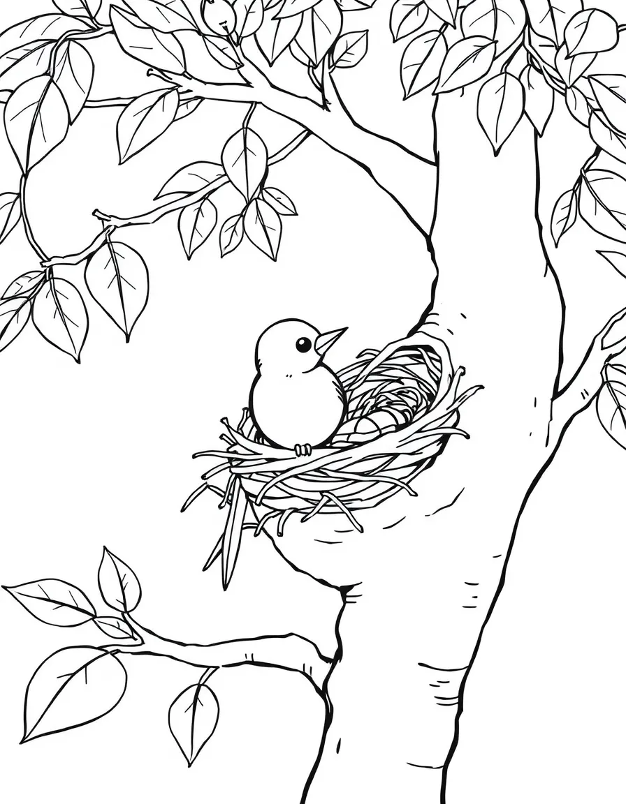A little bird building a nest in a tree.