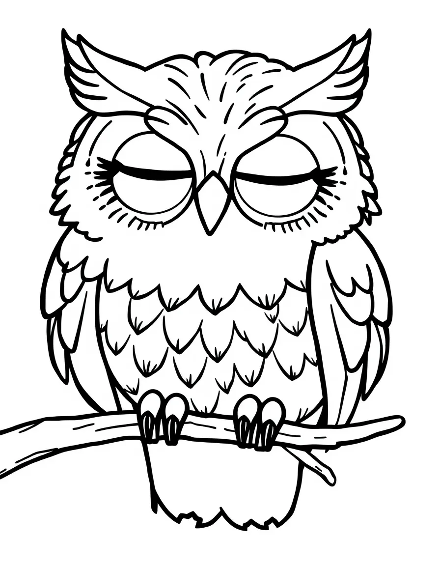 A sleepy owl on a branch, looking wise.
