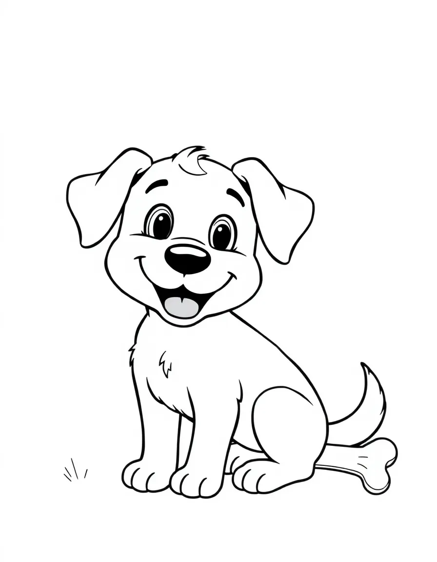A friendly dog wagging its tail next to a bone.