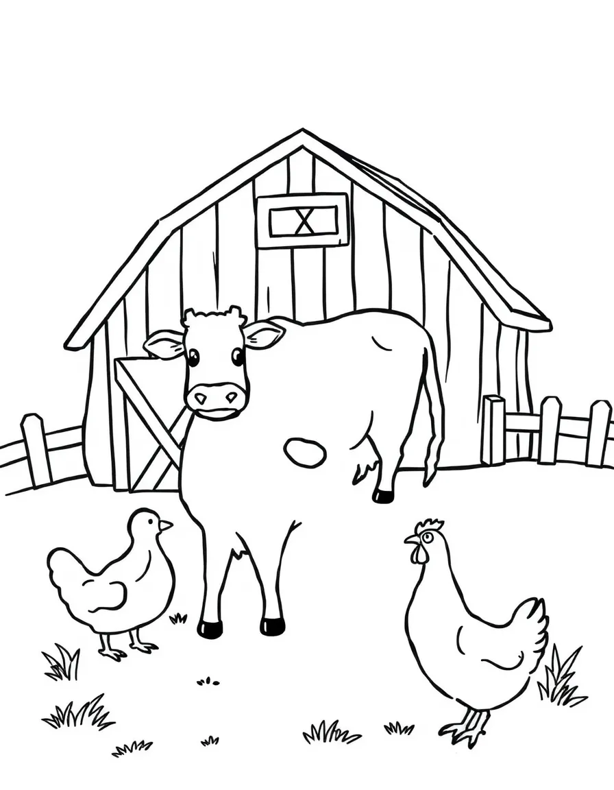 A farm scene with a barn, a cow, and a chicken.