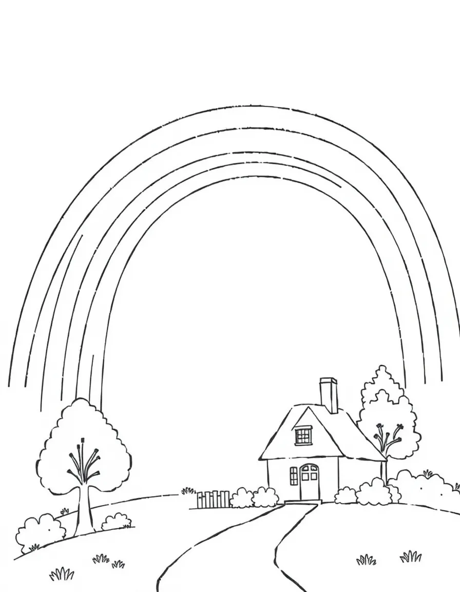 A rainbow arching over a house and a tree.