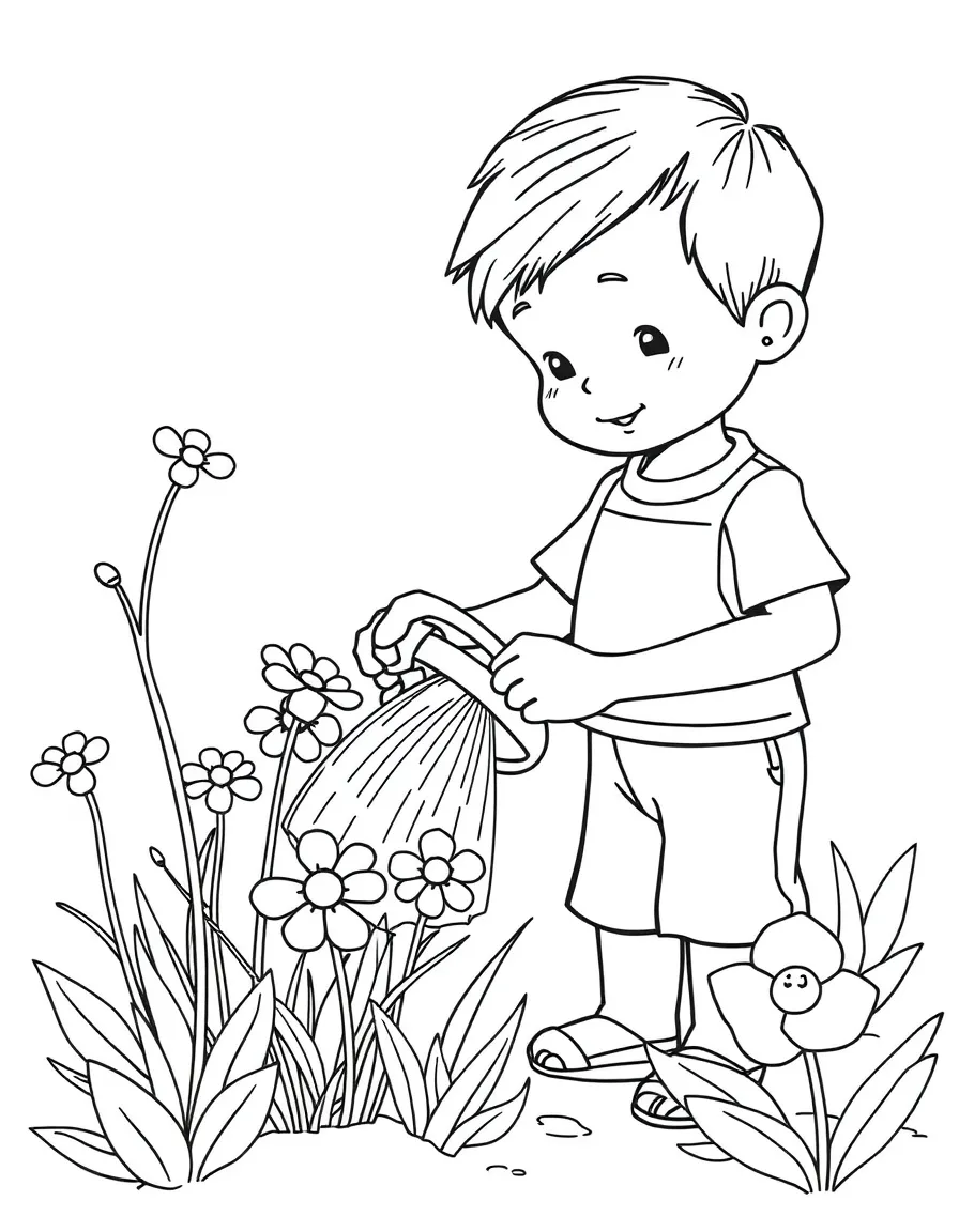 A little boy watering flowers in a garden.
