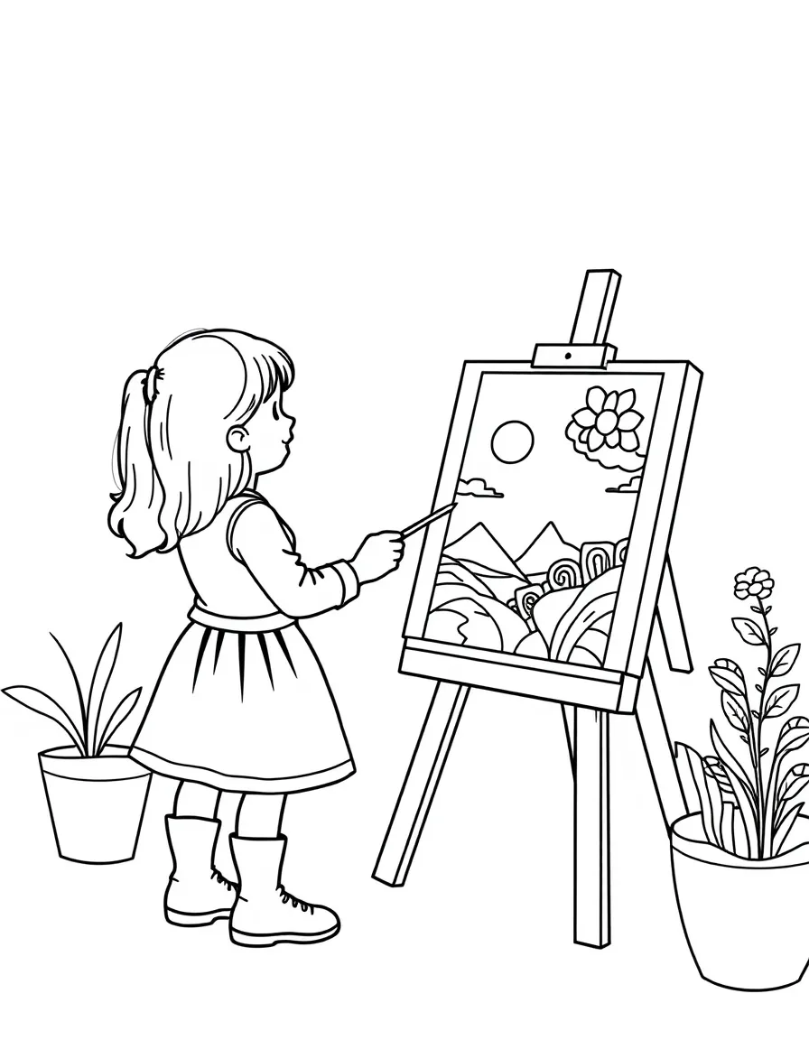 A girl painting a picture on an easel.