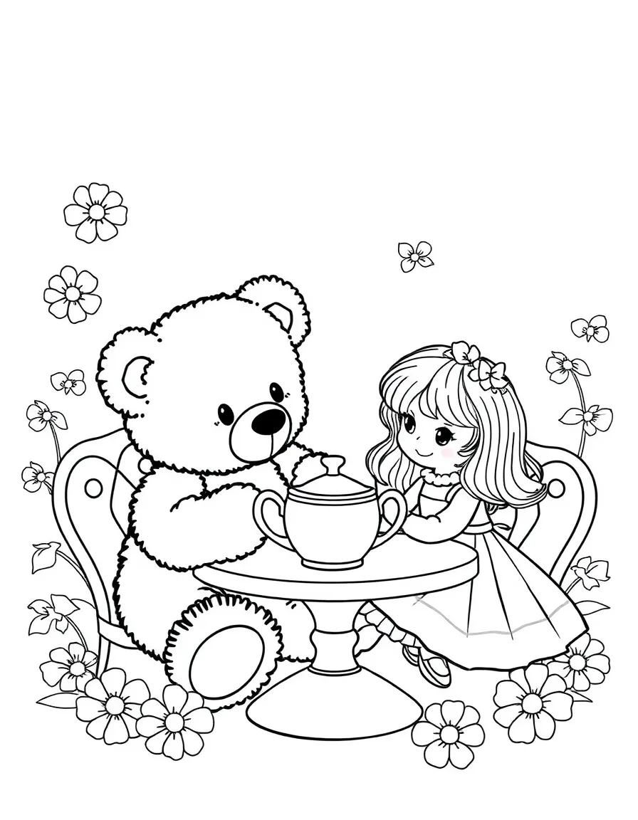 A teddy bear having a tea party with a doll.
