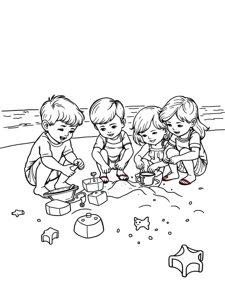 A group of children playing with sand toys on a beach.