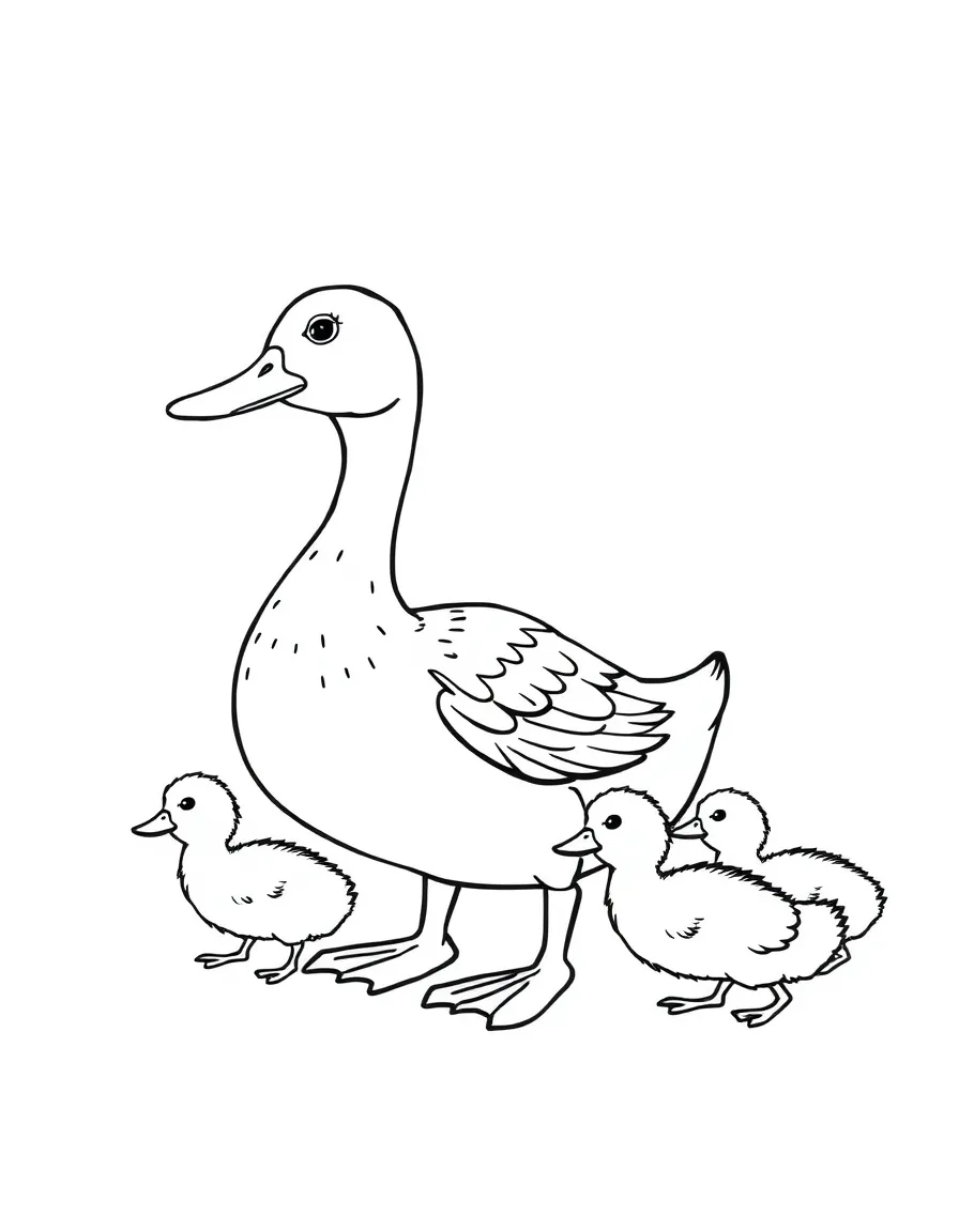 A mama duck with her ducklings following her.