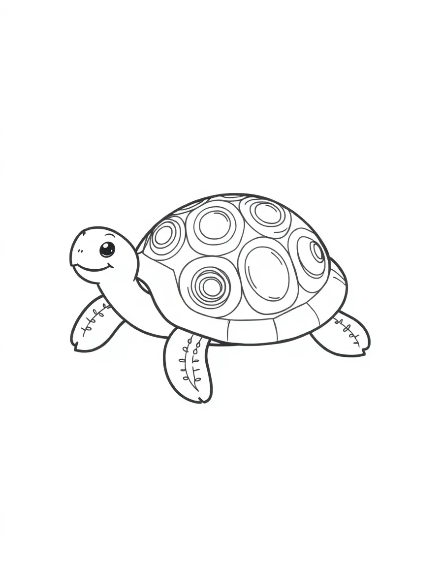 A happy turtle with a patterned shell.