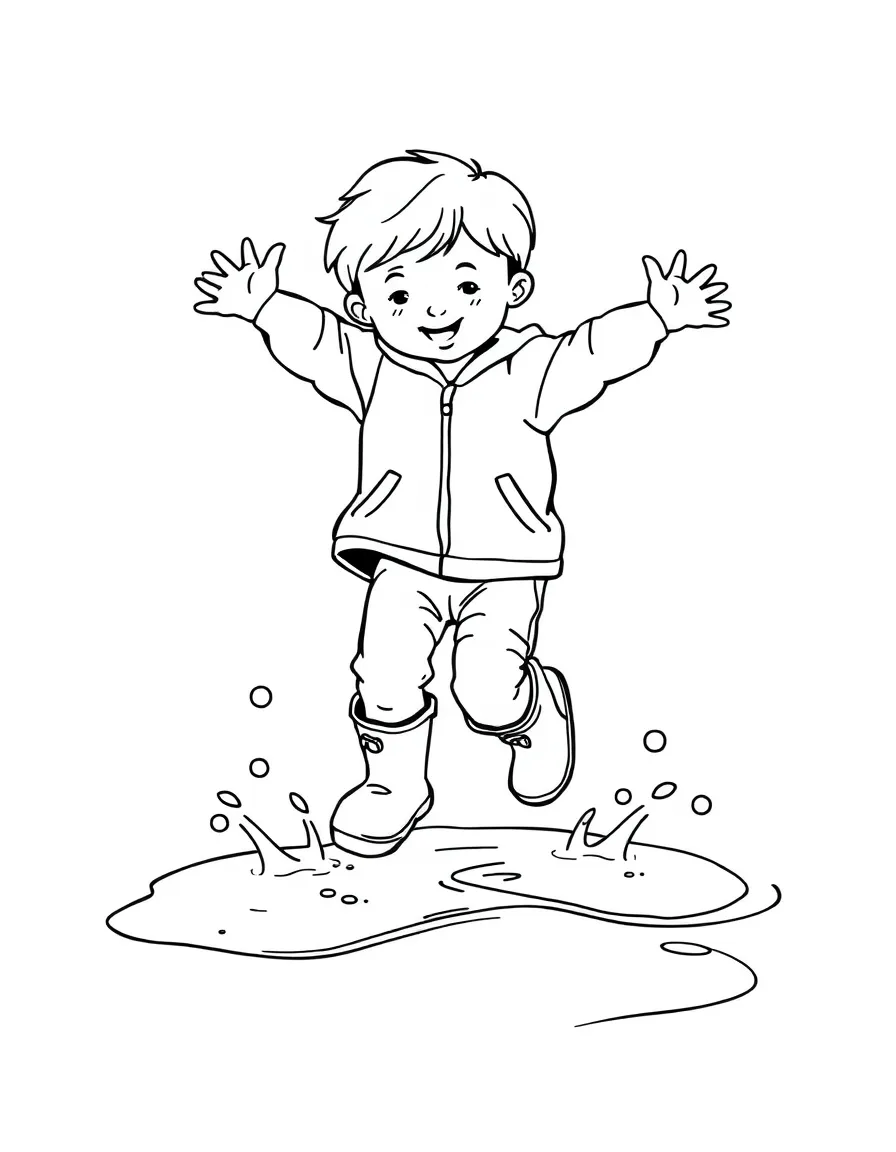 A child jumping in puddles with rain boots.