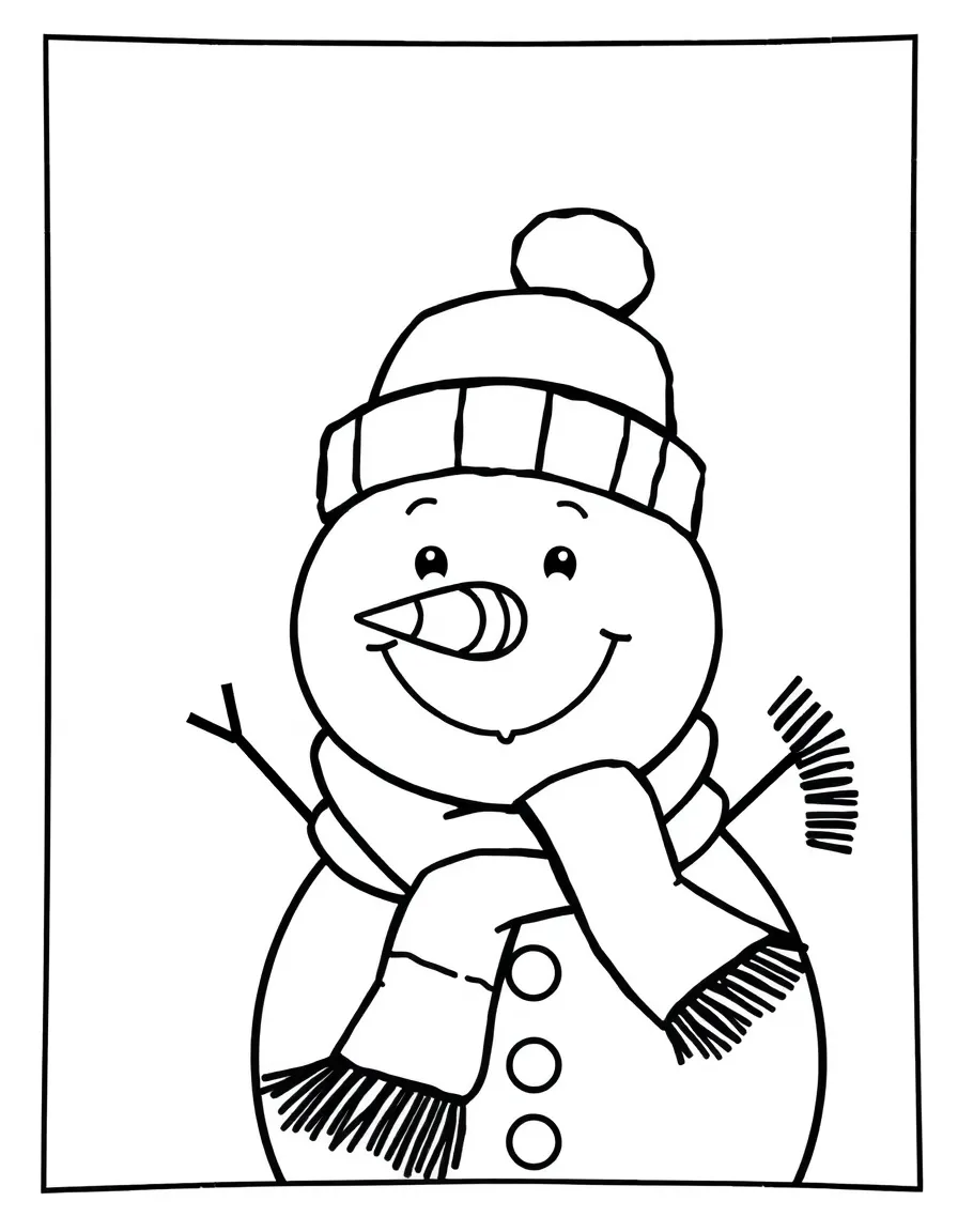 A happy snowman with a carrot nose and a scarf.