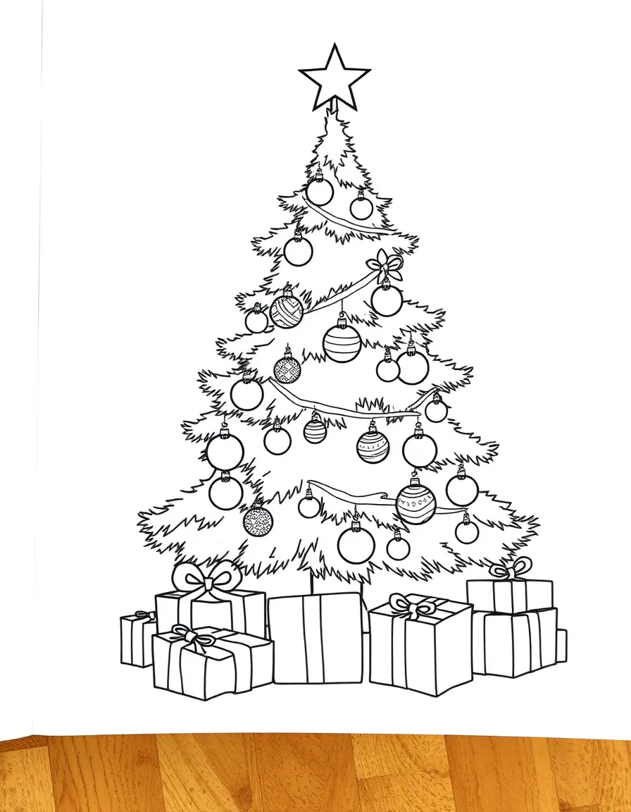A happy Christmas tree with ornaments and presents.