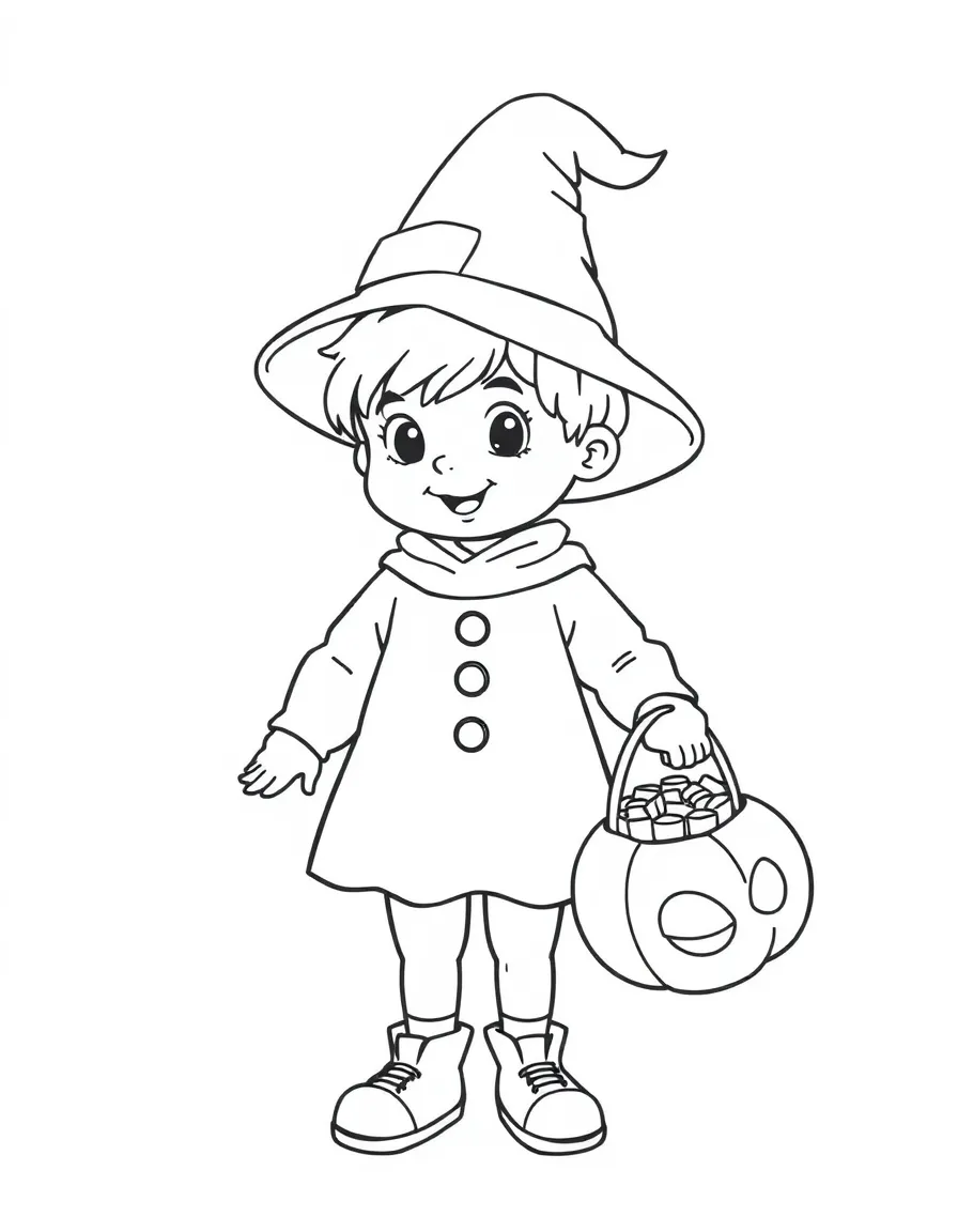 A child dressed in a Halloween costume, holding a candy bucket.