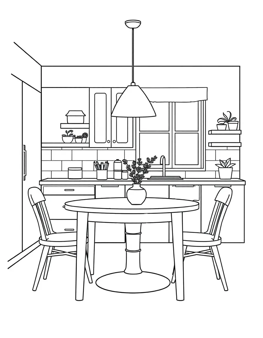 A kitchen with a table and chairs.
