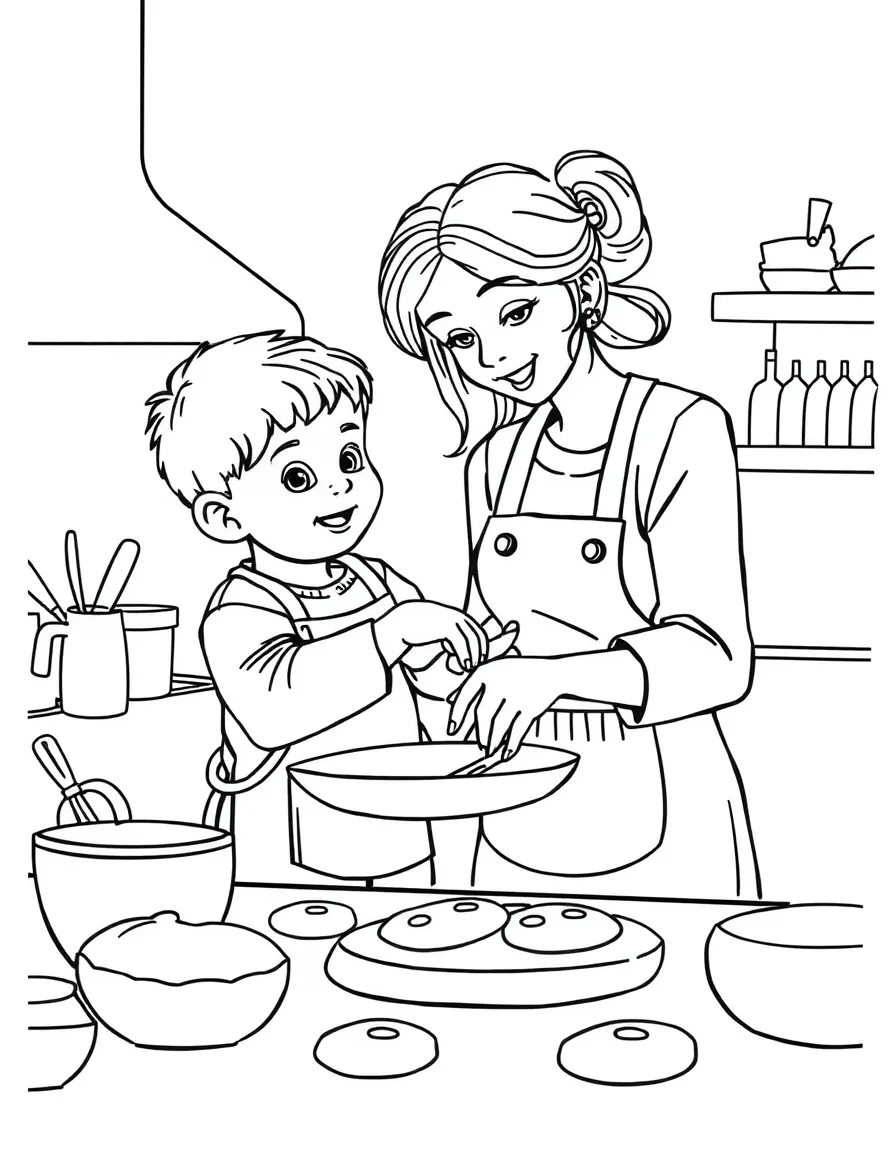 A little boy helping his mom bake cookies.