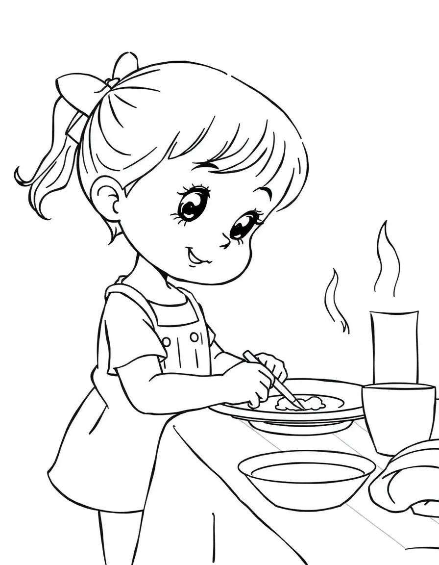 A little girl setting the table.