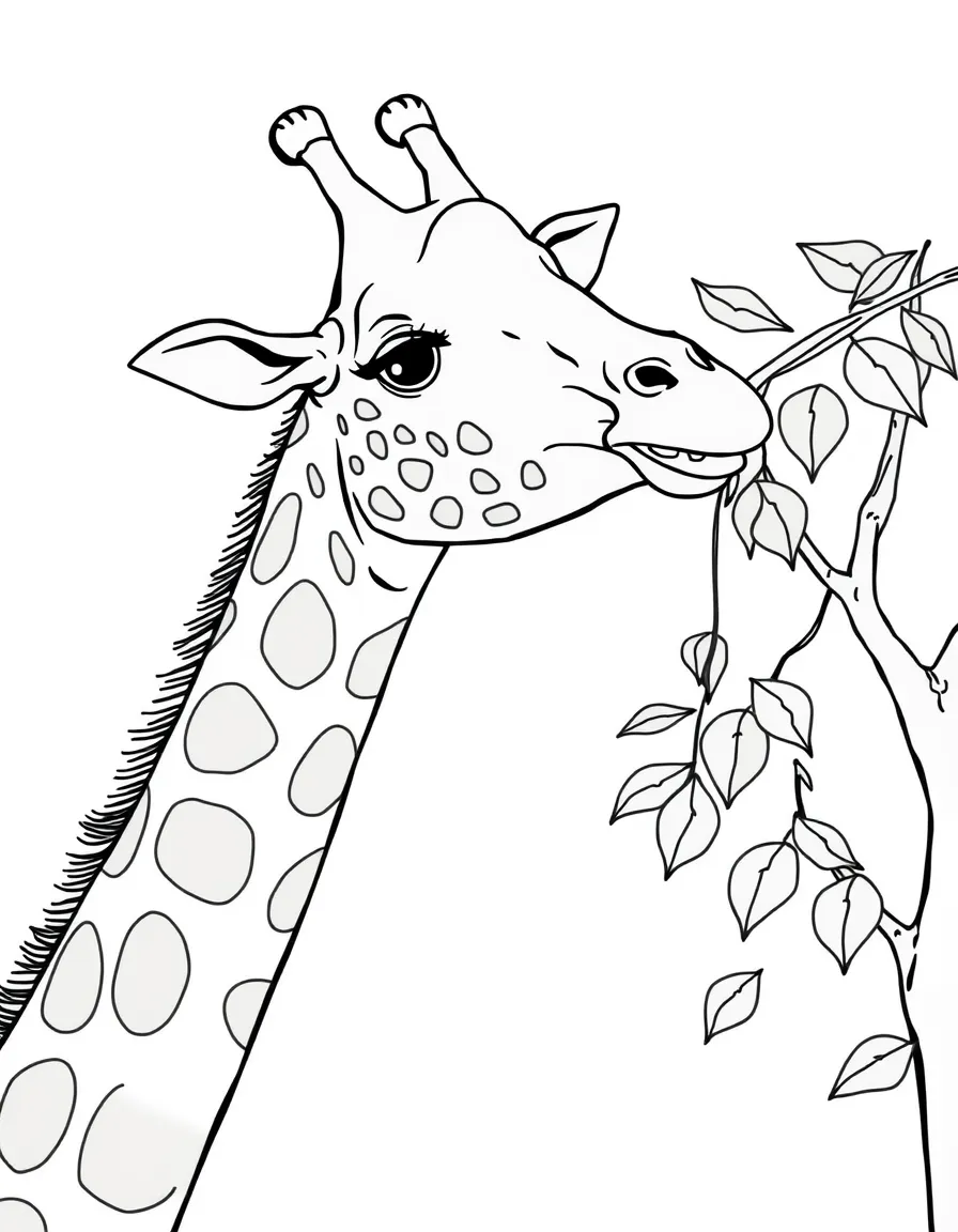A giraffe with a long neck eating leaves from a tree.