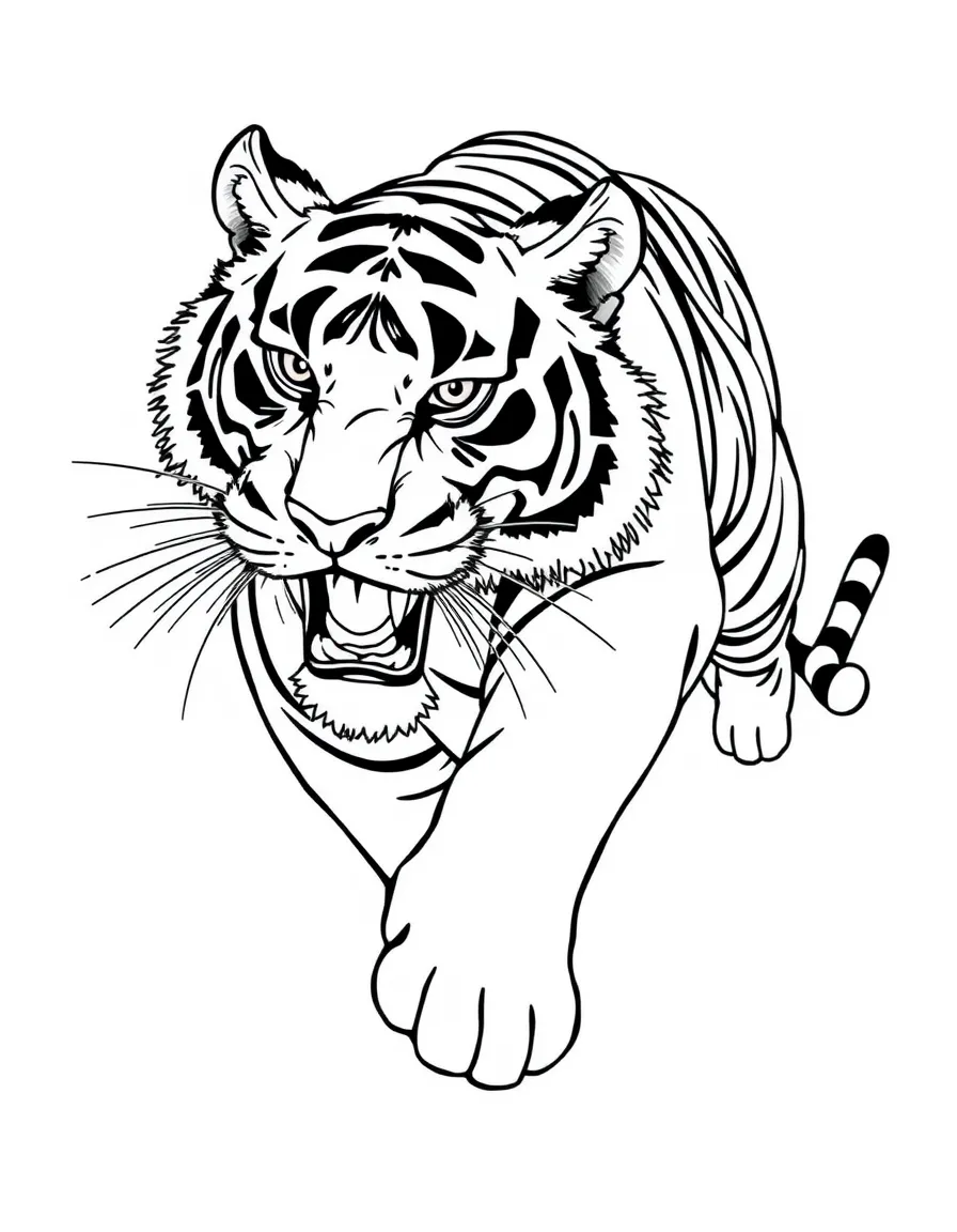 A tiger with stripes pouncing.