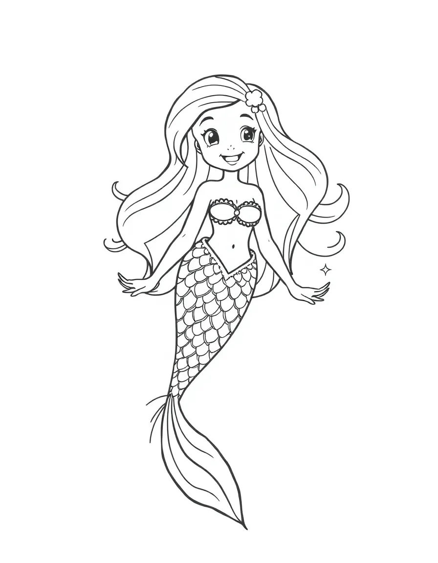 A happy mermaid with a flowing tail.