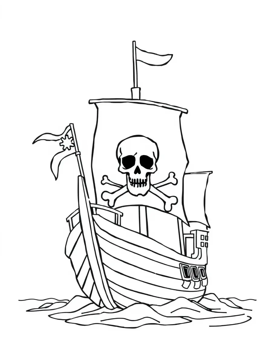 A pirate ship with a skull and crossbones flag.