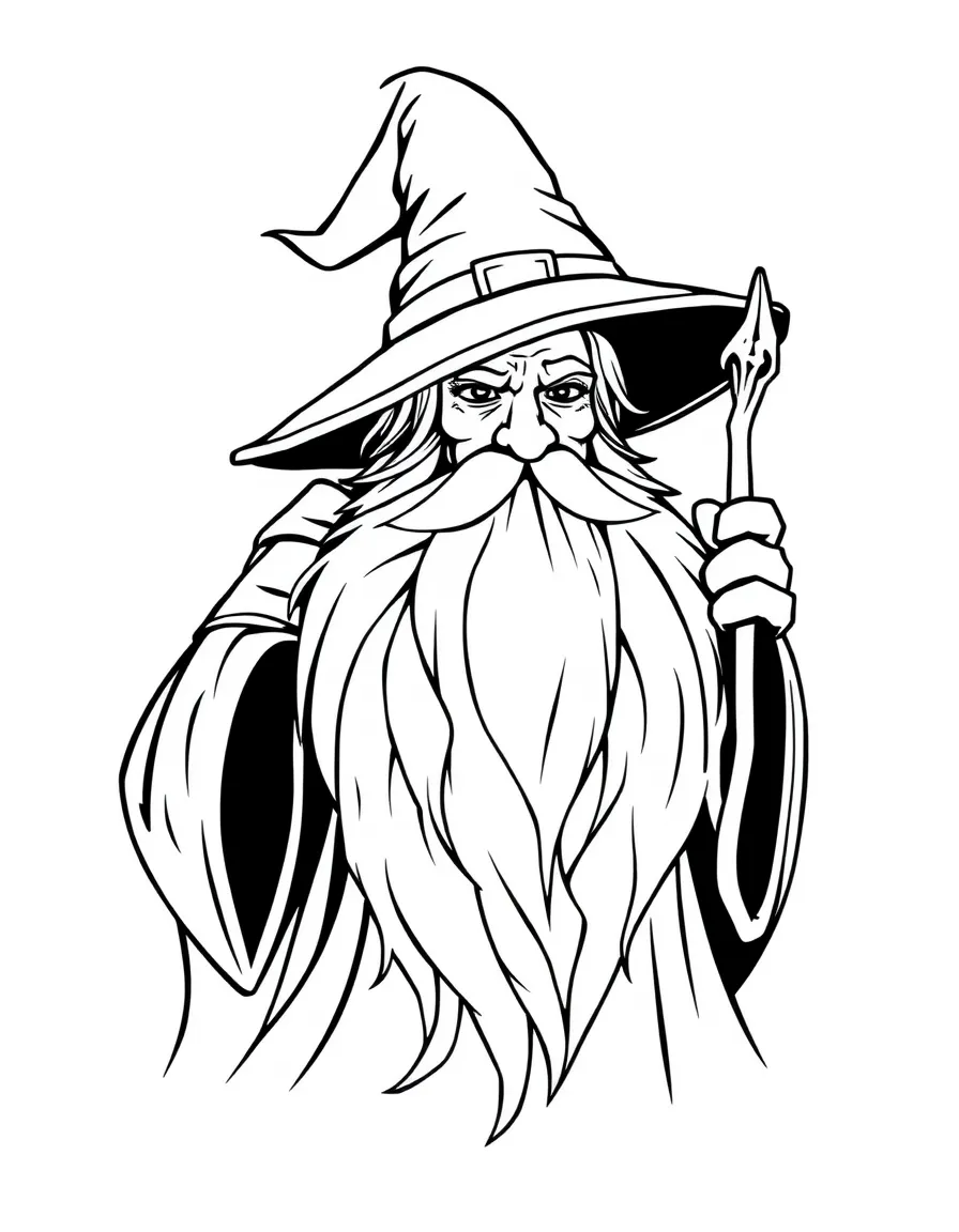 A wizard with a long beard and a magic wand.