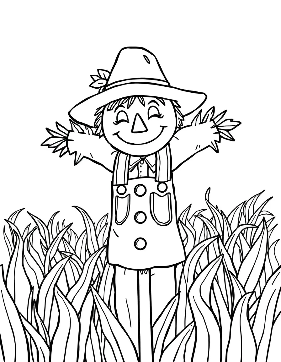 A cheerful scarecrow in a cornfield.