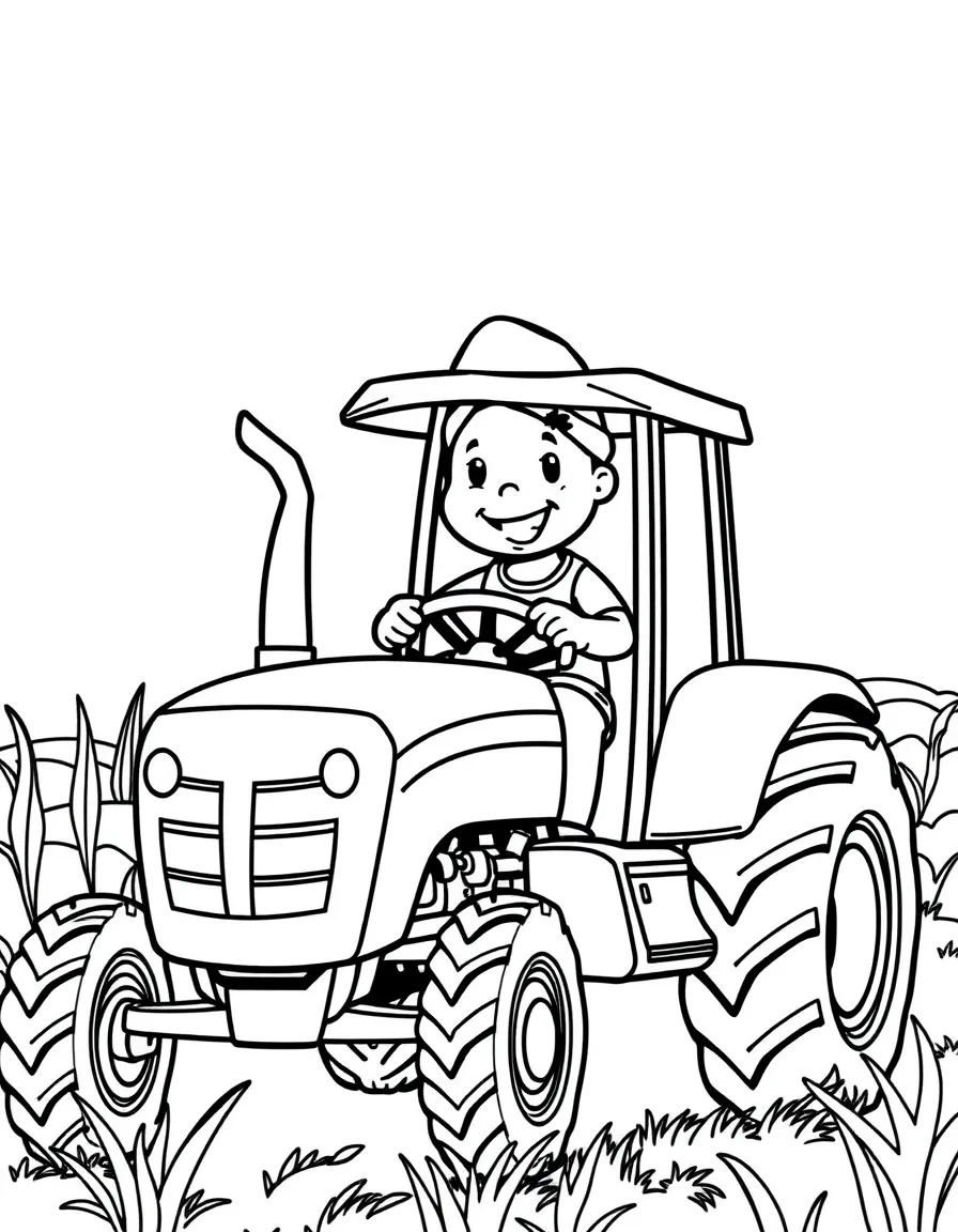 A happy farmer driving a tractor.