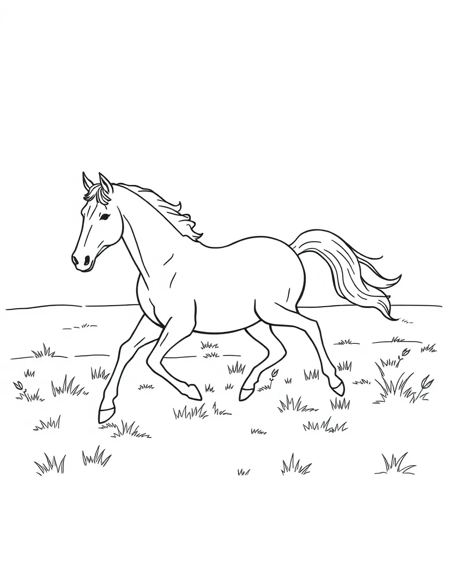 A horse galloping in a pasture.