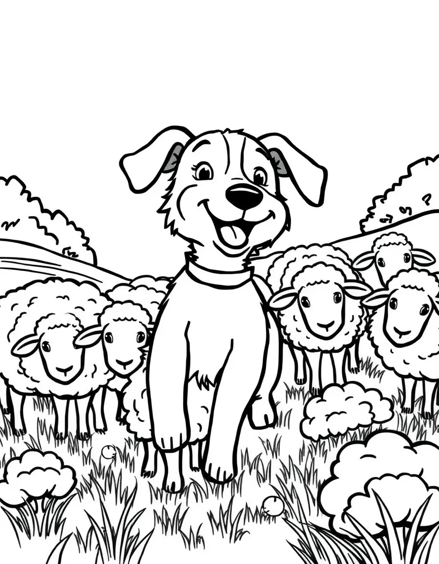 A happy dog herding sheep.