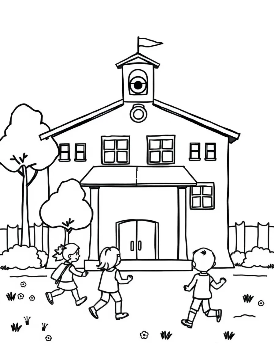 A school building with children playing outside.
