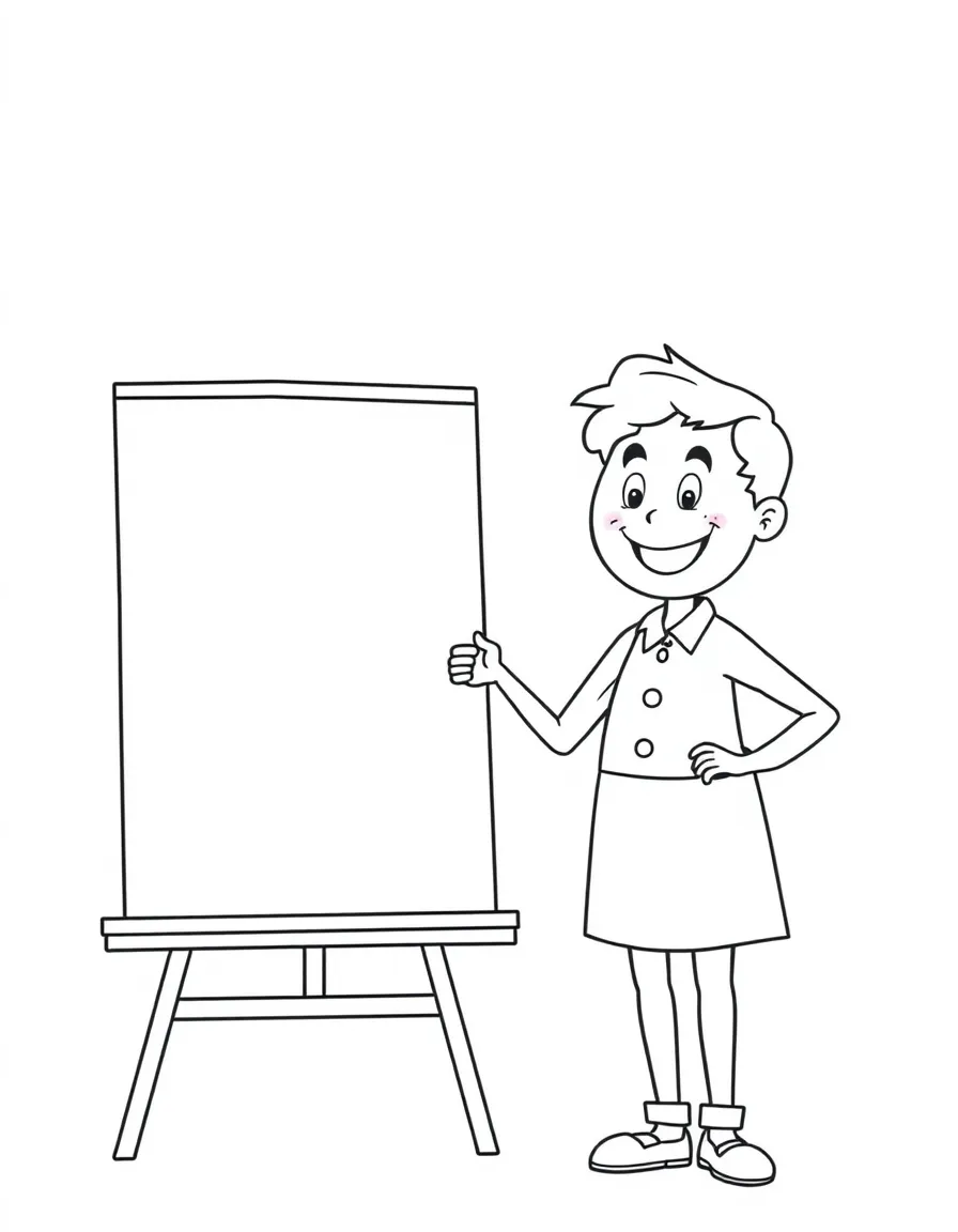 A happy teacher standing next to a whiteboard.