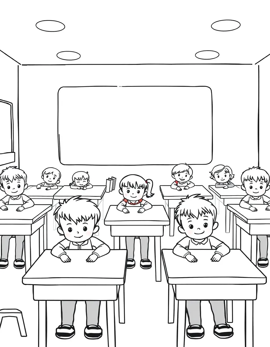 Children sitting at desks in a classroom.