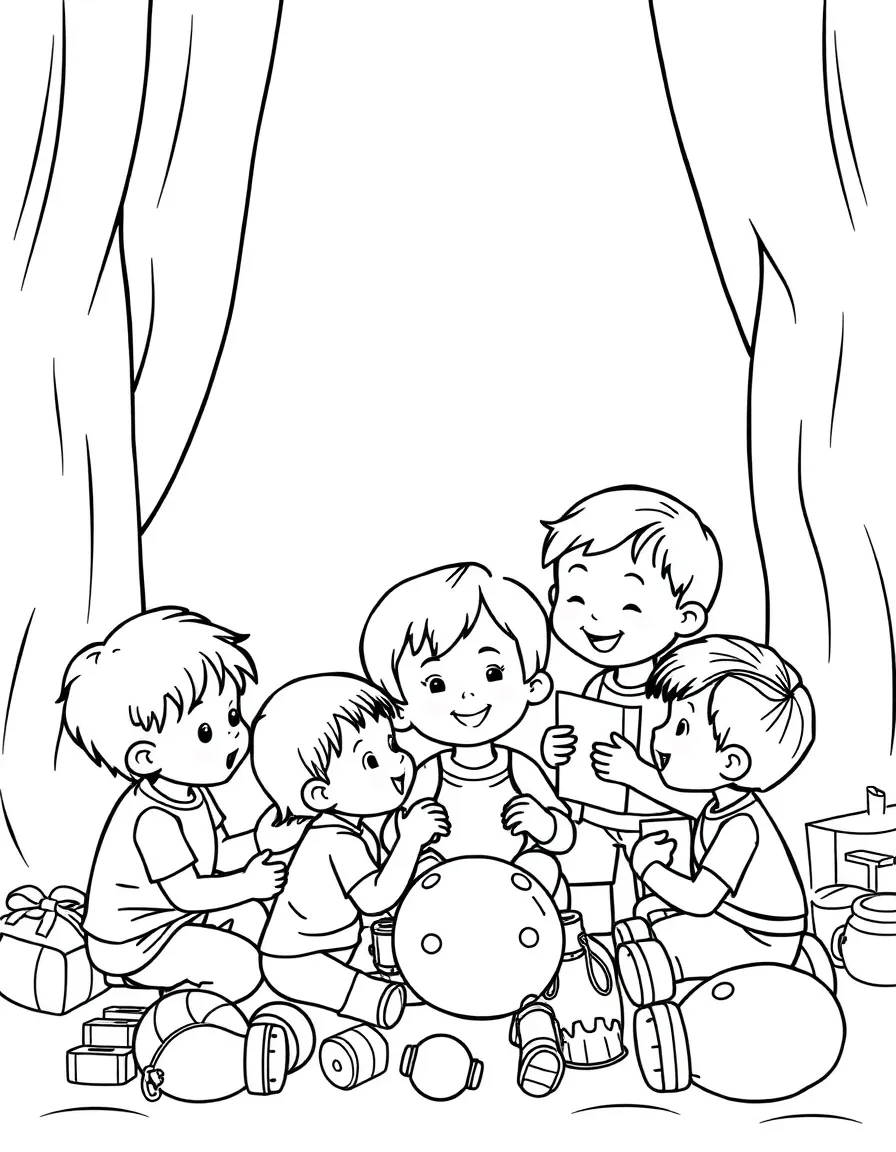 A group of children sharing toys.