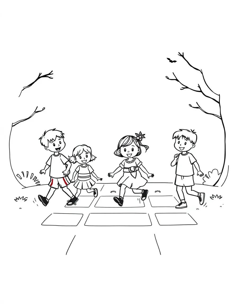 A group of children playing hopscotch.