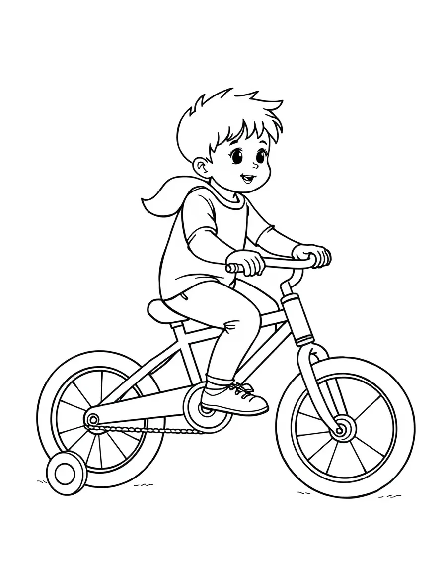 A child riding a bicycle with training wheels.