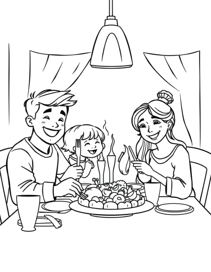 A happy family eating dinner together.