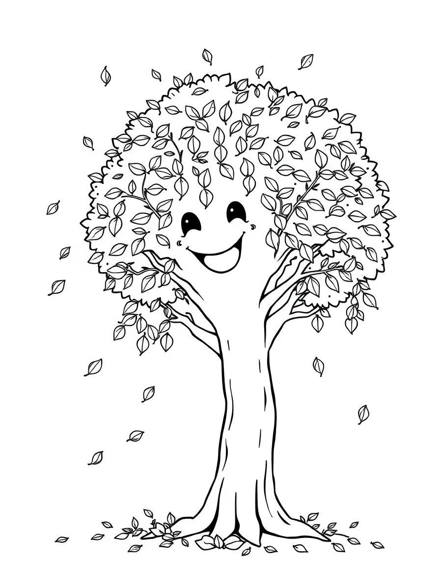 A happy tree with leaves falling.