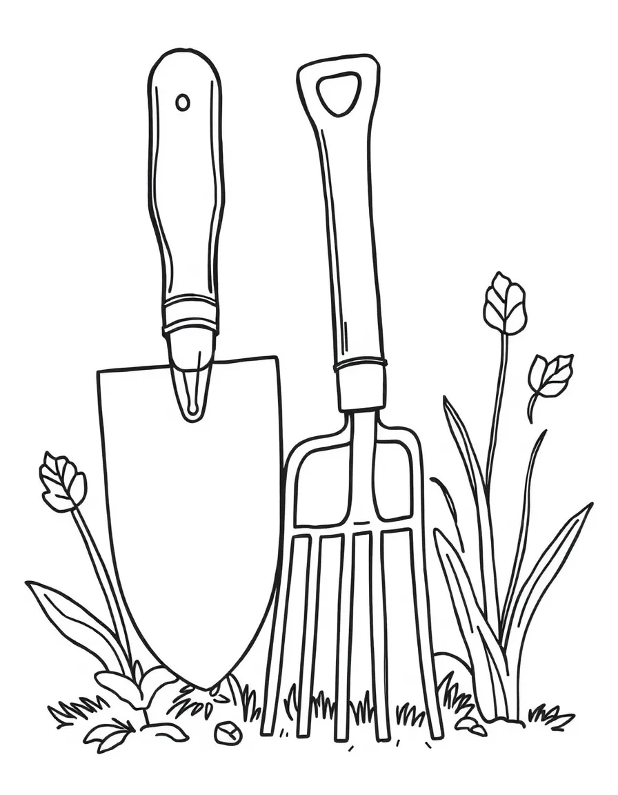 Garden tools: a trowel and a rake.