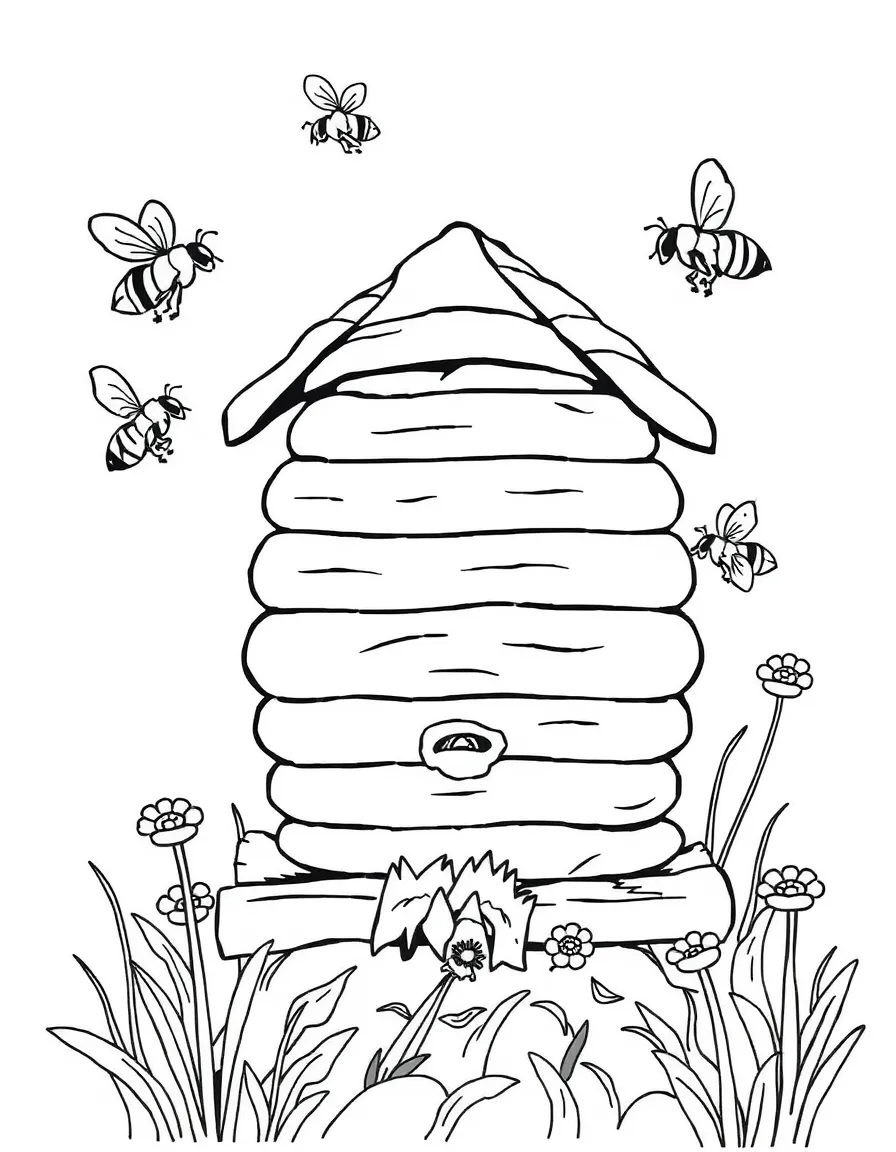 A beehive with bees flying around.