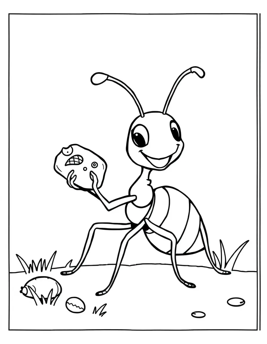 A happy ant carrying a crumb.