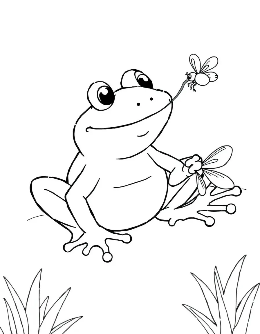 A happy frog catching a fly with its tongue.