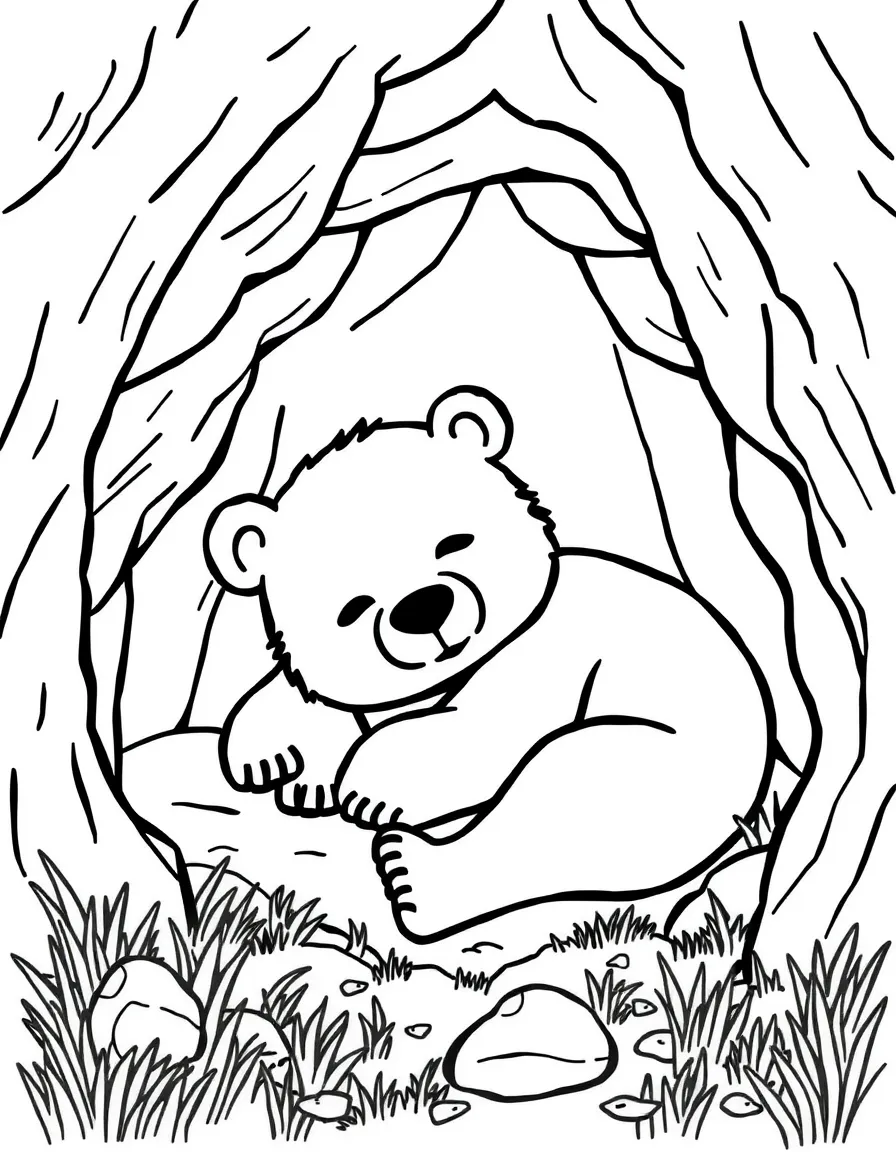A happy bear sleeping in a cave.