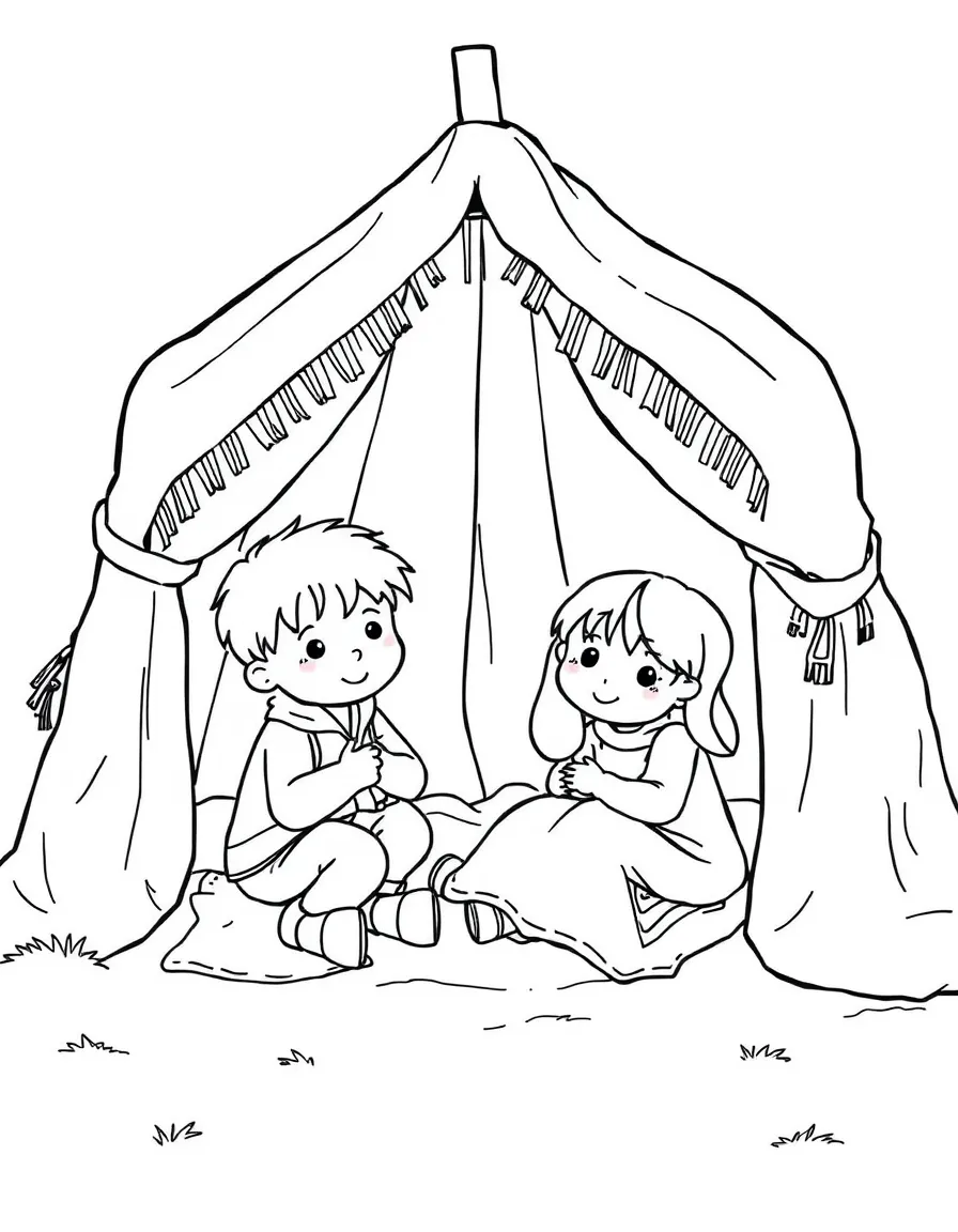 A little boy and girl building a fort with blankets.