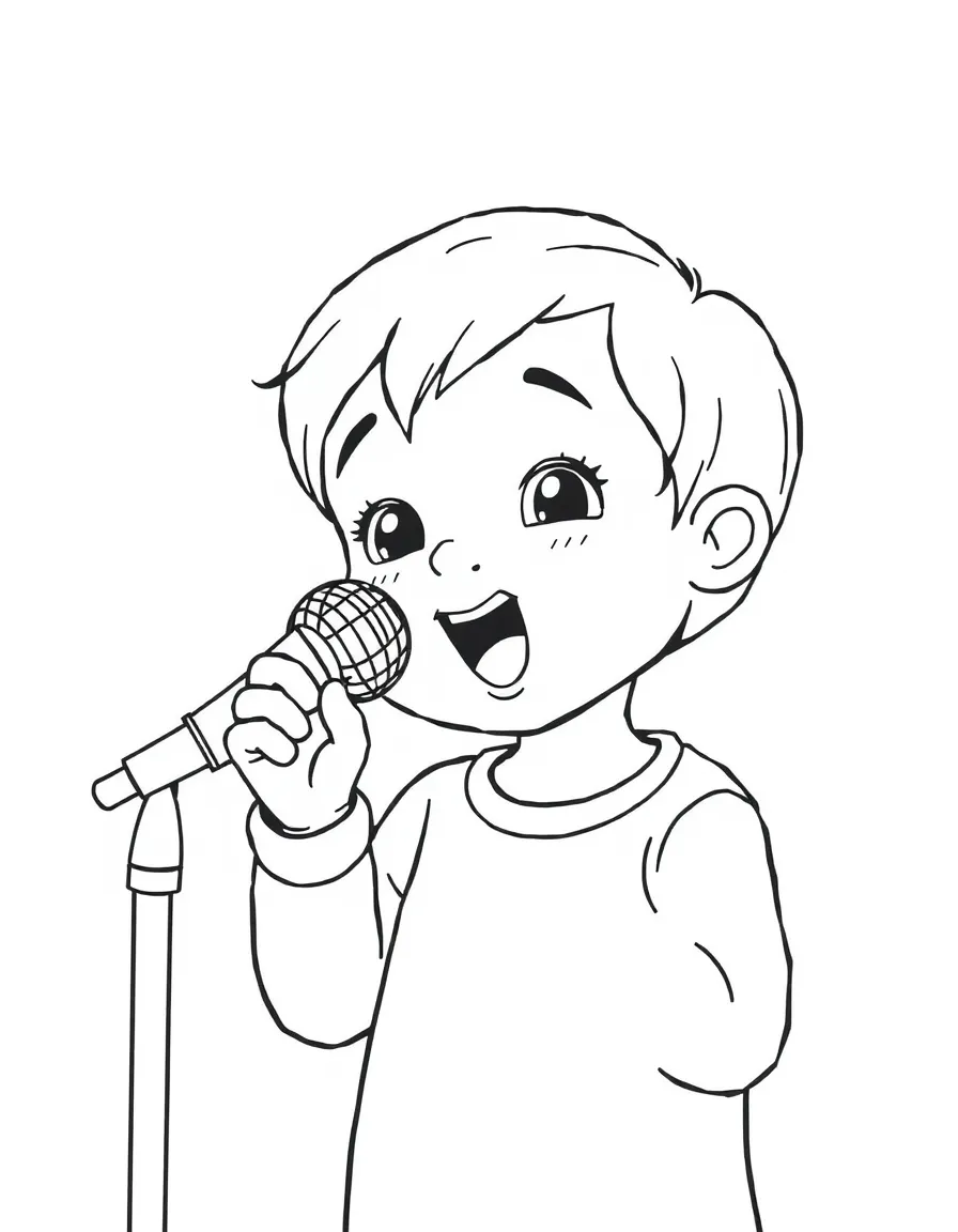 A child singing into a toy microphone.