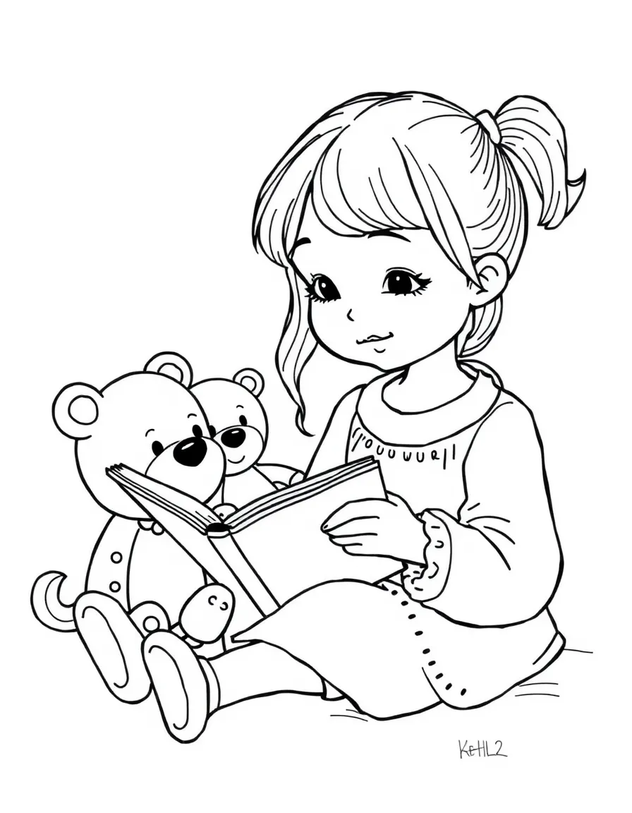 A little girl reading a story to her toys.