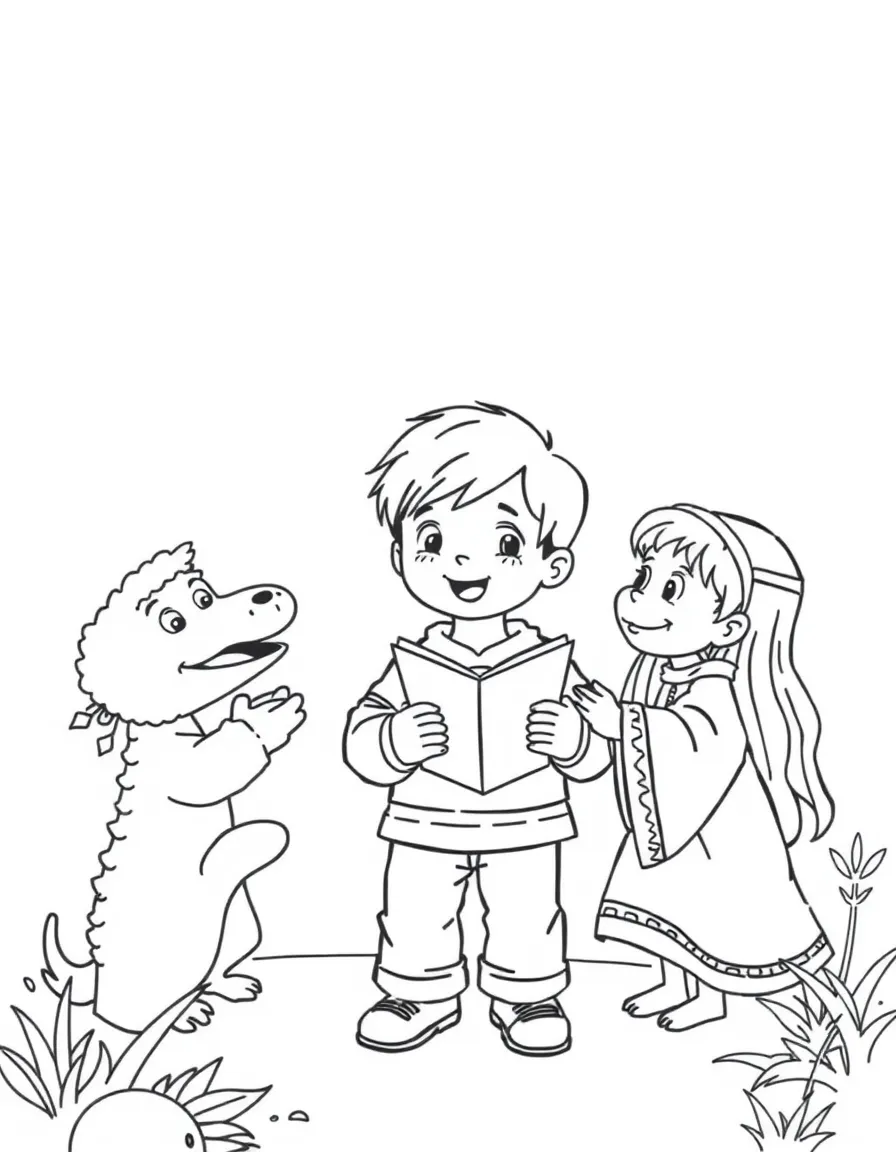 A child telling a story with puppets.